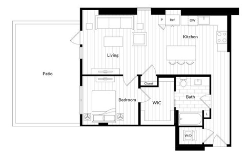 Floor plan for 1 bed, 1 bath, 861 sqft