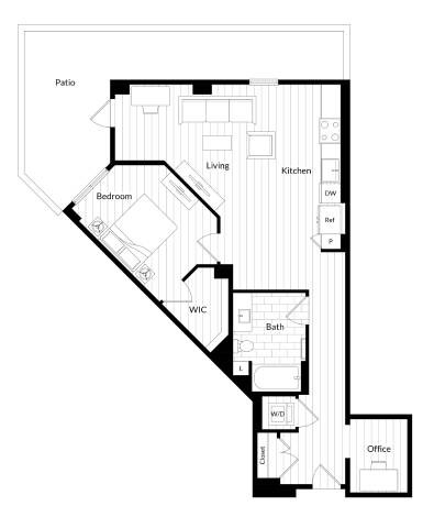 Floor plan for 1 bed, 1 bath, 899 sqft