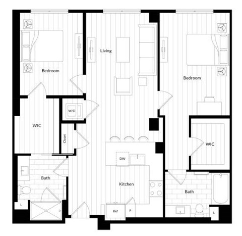Floor plan for 2 beds, 2 baths, 1256 sqft