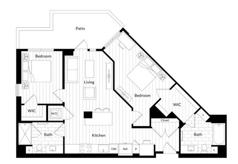 Floor plan for 2 beds, 2 baths, 1129 sqft