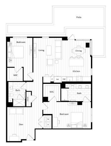 Floor plan for 2 beds, 2 baths, 1454 sqft