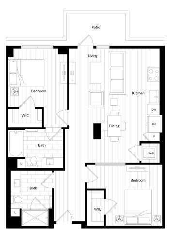 Floor plan for 2 beds, 2 baths, 1065 sqft