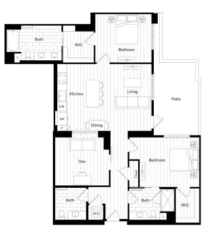 Floor plan for 2 beds, 2 baths, 1401 sqft
