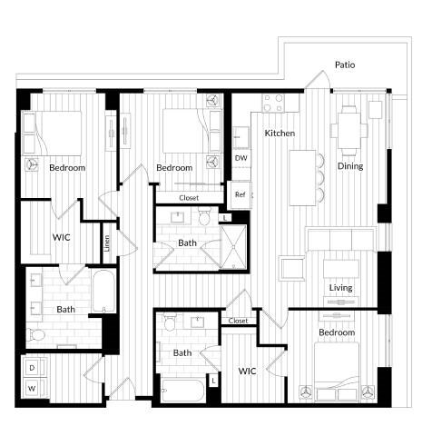 Floor plan for 3 beds, 3 baths, 1512 sqft
