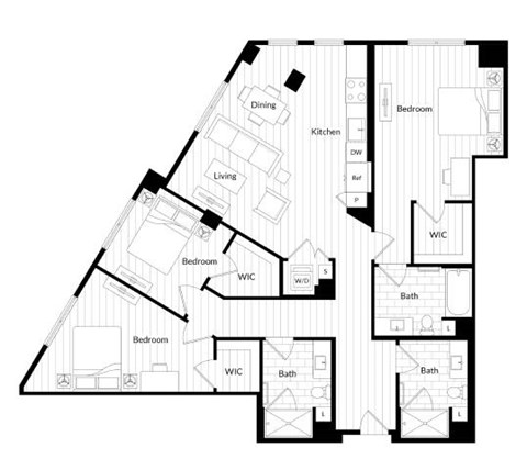 Floor plan for 3 beds, 3 baths, 1601 sqft