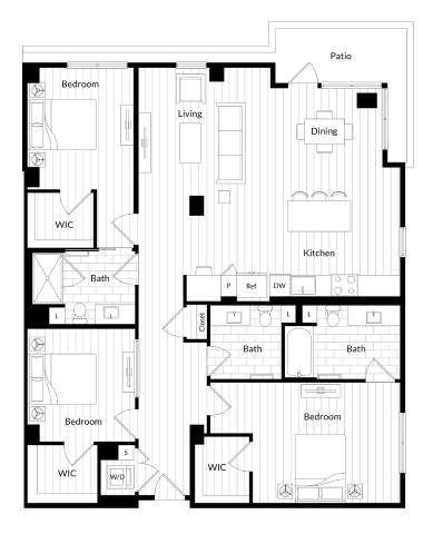 Floor plan for 3 beds, 3 baths, 1638 sqft