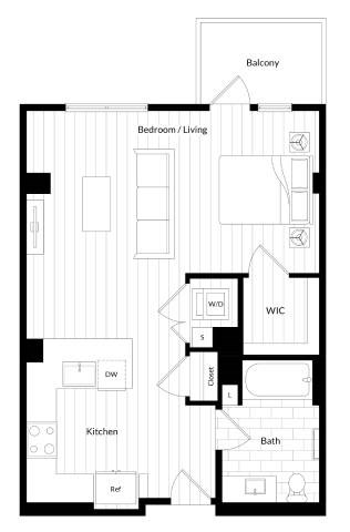 Floor plan for studio, 1 bath, 744 sqft