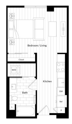 Floor plan for studio, 1 bath, 557 sqft