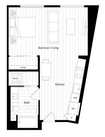 Floor plan for studio, 1 bath, 619 sqft
