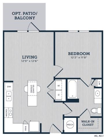 Floor plan for 1 bed, 1 bath, 682 sqft