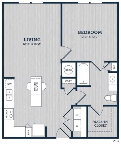Floor plan for 1 bed, 1 bath, 782 sqft
