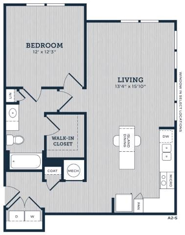 Floor plan for 1 bed, 1 bath, 837 sqft