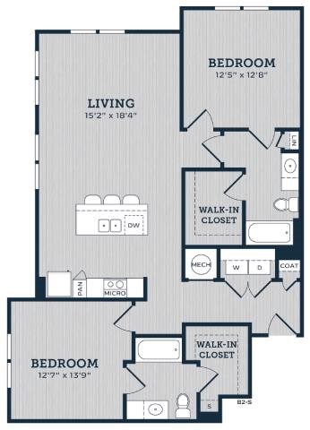 Floor plan for 2 beds, 2 baths, 1227 sqft