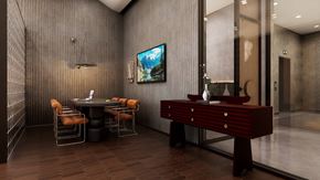 West Hollywood apartment for rent - A modern dining room with a wooden table and chairs.