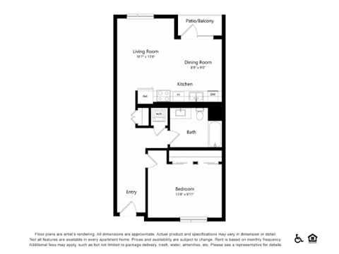 Floor plan for 1 bed, 1 bath, 746 sqft