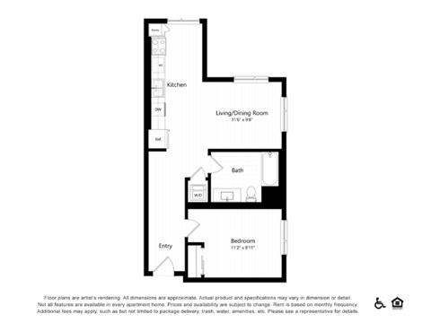 Floor plan for 1 bed, 1 bath, 681 sqft
