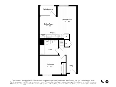 Floor plan for 1 bed, 1 bath, 734 sqft