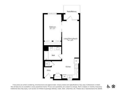 Floor plan for 1 bed, 1 bath, 721 sqft