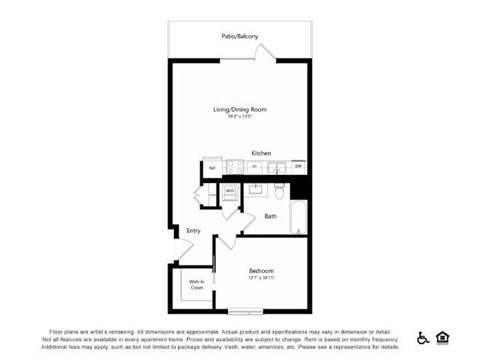Floor plan for 1 bed, 1 bath, 738 sqft