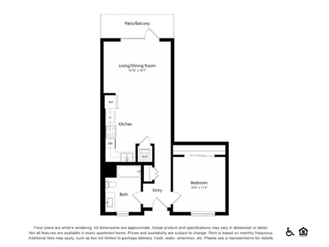 Floor plan for 1 bed, 1 bath, 703 sqft