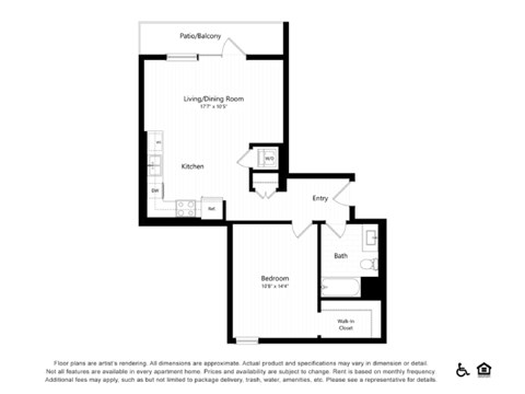 Floor plan for 1 bed, 1 bath, 750 sqft