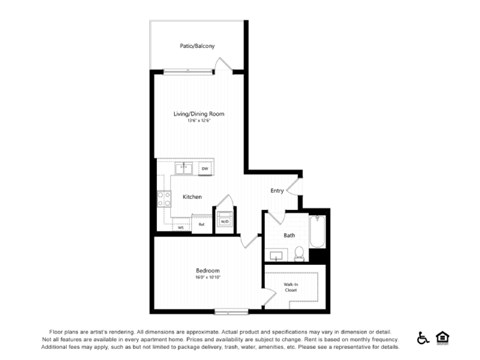 Floor plan for 1 bed, 1 bath, 752 sqft