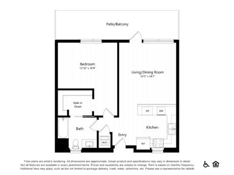 Floor plan for 1 bed, 1 bath, 758 sqft