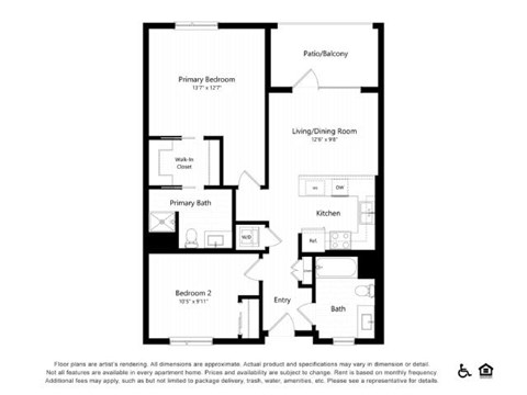 Floor plan for 2 beds, 2 baths, 939 sqft