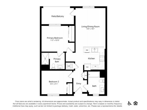 Floor plan for 2 beds, 2 baths, 932 sqft