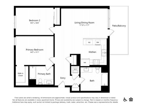 Floor plan for 2 beds, 2 baths, 1130 sqft