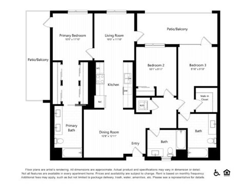 Floor plan for 3 beds, 3 baths, 1405 sqft