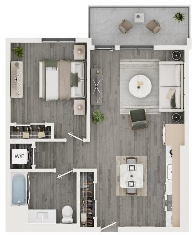 Floor plan for 1 bed, 1 bath, 651 sqft