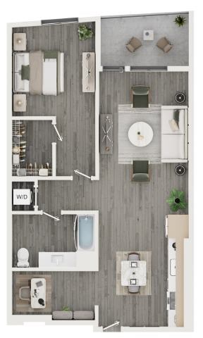 Floor plan for 1 bed, 1 bath, 867 sqft