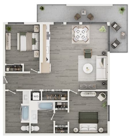 Floor plan for 2 beds, 2 baths, 1028 sqft