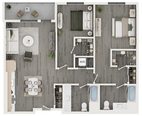 Floor plan for 2 beds, 2 baths, 1079 sqft