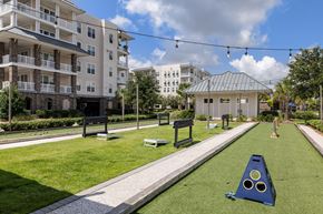 Mt. Pleasant apartment for rent - A playground with a slide and a ball pit in the foreground and apartment buildings in the background.