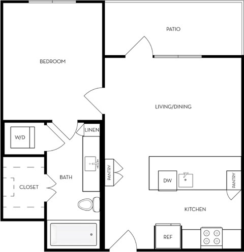 Floor plan for 1 bed, 1 bath, 675 sqft