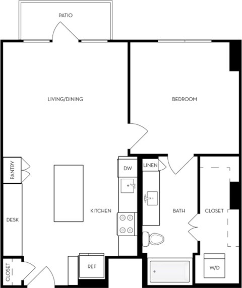 Floor plan for 1 bed, 1 bath, 756 sqft