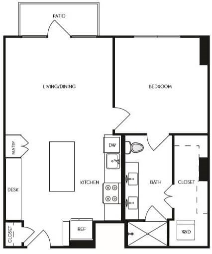 Floor plan for 1 bed, 1 bath, 756 sqft