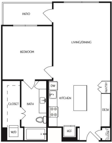 Floor plan for 1 bed, 1 bath, 833 sqft