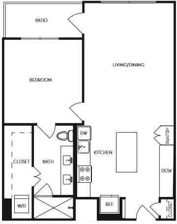 Floor plan for 1 bed, 1 bath, 833 sqft