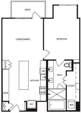 Floor plan for 1 bed, 1 bath, 901 sqft