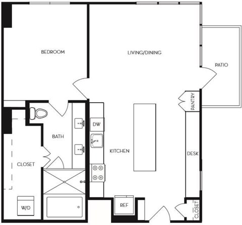 Floor plan for 1 bed, 1 bath, 928 sqft