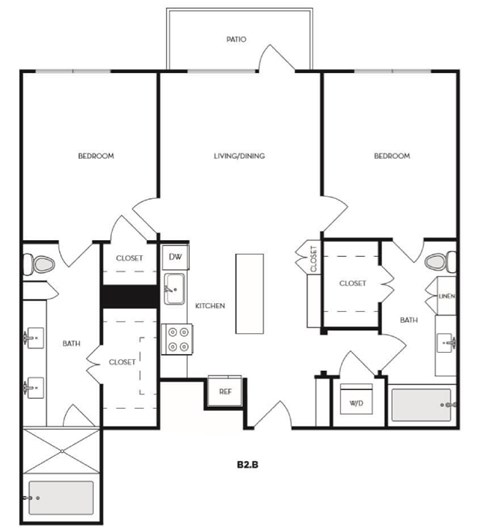 Floor plan for 2 beds, 2 baths, 1063 sqft