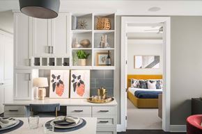 Phoenix apartment for rent - A modern kitchen with a dining table set for two.