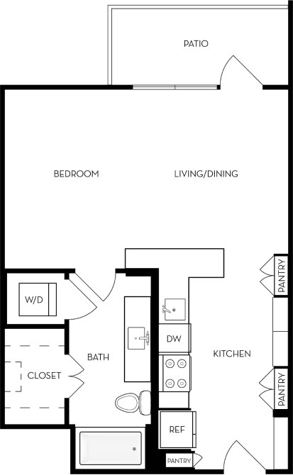 Floor plan for studio, 1 bath, 599 sqft