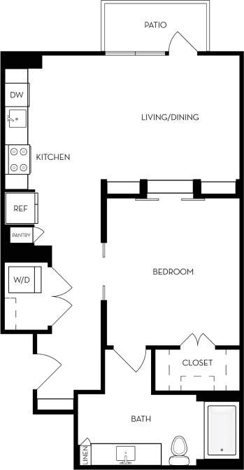 Floor plan for studio, 1 bath, 717 sqft