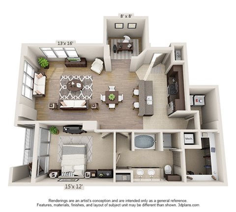 Floor plan for 1 bed, 1 bath, 1260 sqft