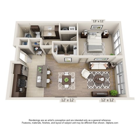 Floor plan for 1 bed, 1 bath, 849 sqft