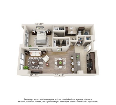 Floor plan for 1 bed, 1 bath, 857 sqft